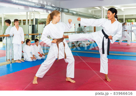 Young girl fighting with karate teacher 83966616