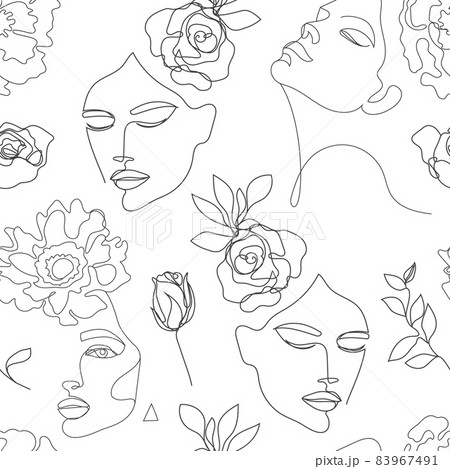 Vector seamless pattern. Continuous line art with woman face, flowers, leaves. Linear nature background. Use for package, cosmetics, decor. Fashion concept, feminine beauty minimalist 83967491