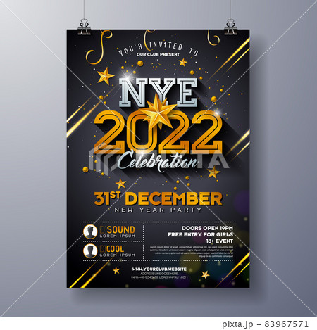 2020 New Year Party Celebration Poster Template Illustration with Shiny Gold Number on Black Background. Vector Holiday Premium Invitation Flyer or Promo Banner. 83967571