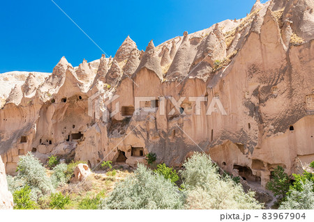 Unique geological rock formations in Zelve open air museum. Cappadocia, Turkey. 83967904