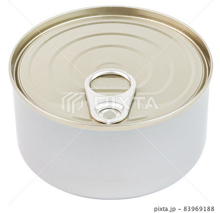 closed tin can with pull tab ring lid opener isolated on white background slanted frontal view 83969188