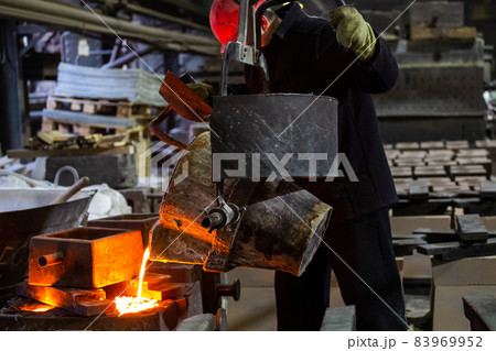 Industrial chill casting. The process of for filling out mold with molten metal. Industrial chill casting. The process of for filling out mold with molten metal. 83969952