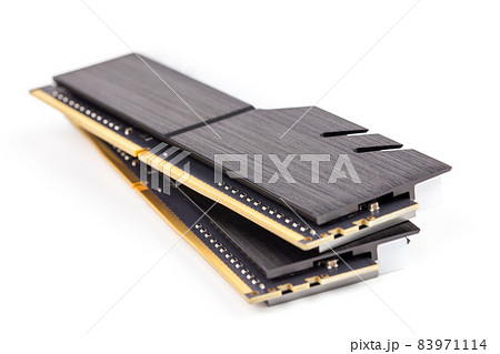 a pair of ddr4 dimm pc ram memoty modules with stylish black heatsinks - isolated on white with selective focus a pair of ddr4 dimm pc ram memoty modules with stylish black heatsinks - isolated on white with selective focus 83971114
