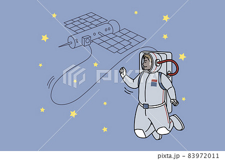 Astronaut in costume with artificial satellite in space Astronaut in costume with artificial satellite in space 83972011