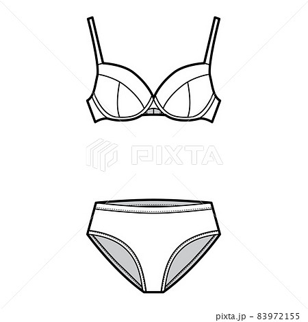 Set of lingerie - bra full cup and high-cup briefs panties technical fashion illustration with adjustable straps. Flat 83972155
