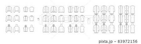 Set of Down coats vests puffer waistcoat technical fashion illustration with pouch, stand hoody collar, zip-up closure Set of Down coats vests puffer waistcoat technical fashion illustration with pouch, stand hoody collar, zip-up closure 83972156
