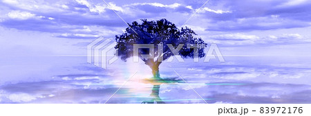 夜空が反射する湖の上に立つ木のシンプルなシルエットのイラスト素材