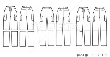 Set of Zip-off convertible pants technical fashion illustration with normal waist rise, box pleated cargo jetted pockets 83972188