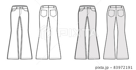 Jeans flared bottom Denim pants technical fashion illustration with full length, low waist, rise, 5 pockets, Rivets Flat 83972191