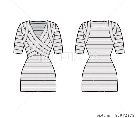 Bandage dress technical fashion illustration with V-neck, short sleeves, fit body, elasticated, mini length, pencil cut Bandage dress technical fashion illustration with V-neck, short sleeves, fit body, elasticated, mini length, pencil cut 83972278