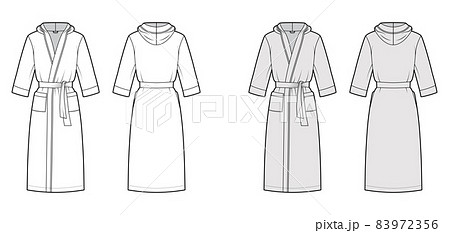 Bathrobes hooded Dressing gown technical fashion illustration with wrap opening, knee length, tie, pocket, elbow sleeves 83972356