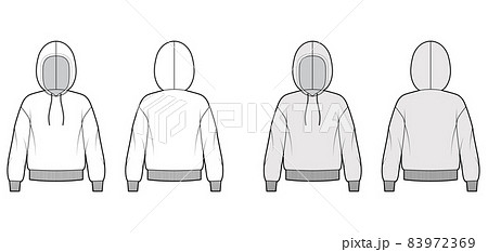Hoody sweatshirt technical fashion illustration with long sleeves, oversized body, knit rib cuff, banded hem, drawstring Hoody sweatshirt technical fashion illustration with long sleeves, oversized body, knit rib cuff, banded hem, drawstring 83972369