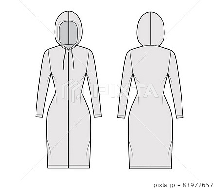 Zip-up Hoody dress technical fashion illustration with long sleeves, knee length, fitted body, Pencil fullness. Flat Zip-up Hoody dress technical fashion illustration with long sleeves, knee length, fitted body, Pencil fullness. Flat 83972657