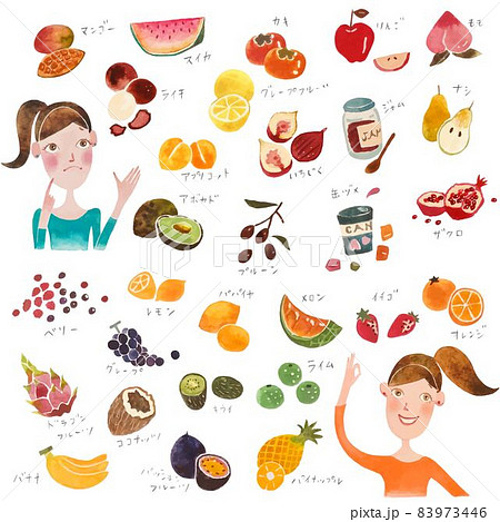 水彩画のおしゃれなフルーツのイラストセットと人物二人のイラストベクター素材 83973446