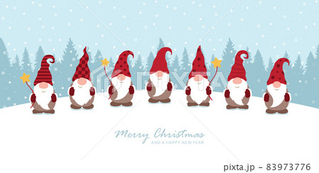 christmas greeting card with cute christmas dwarf and snowy landscape 83973776