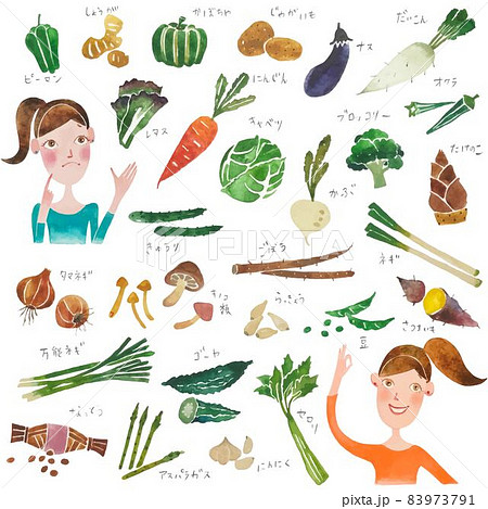 水彩画の人物入り緑黄色野菜や根菜のイラストセットベクター素材 83973791