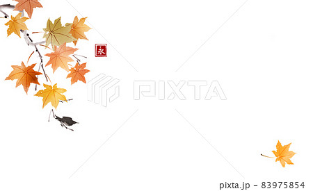 Fall foliage and black bird sitting on tree branch. Traditional oriental ink painting sumi-e, u-sin, go-hua. Hieroglyph - eternity Fall foliage and black bird sitting on tree branch. Traditional oriental ink painting sumi-e, u-sin, go-hua. Hieroglyph - eternity 83975854