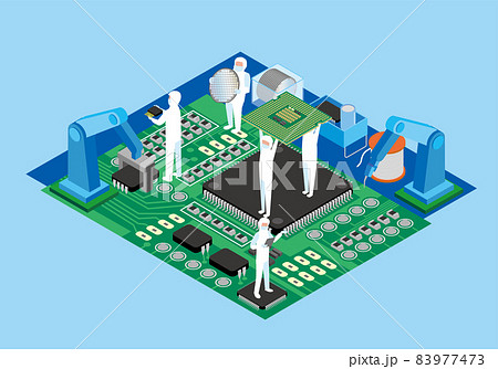 半導体電子部品製造工場アイソメトリックイメージのイラスト素材