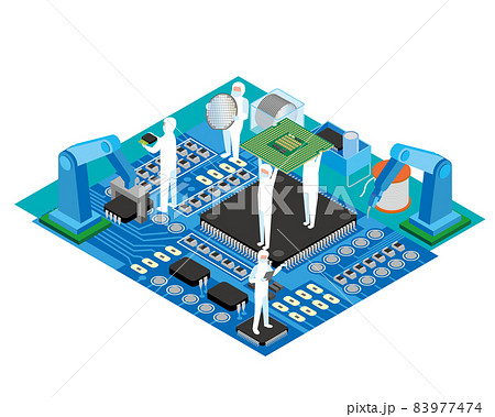 半導体電子部品製造工場アイソメトリックイメージのイラスト素材