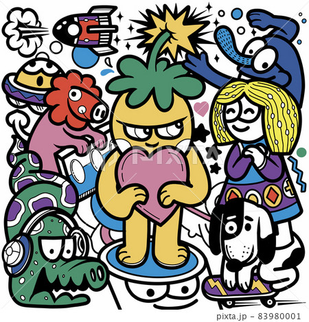 Cute monsters group ,set of funny cute monsters, aliens or fantasy animals for gretting card or shirts. hand drawn line art cartoon vector illustration 83980001