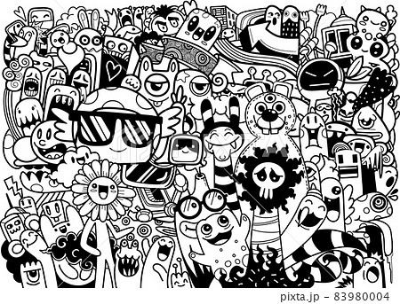 Cute monsters group ,set of funny cute monsters, aliens or fantasy animals for gretting card or shirts. hand drawn line art cartoon vector illustration 83980004