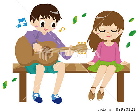 ギターを弾いている男の子とそれを聴いてる女の子のイラスト素材