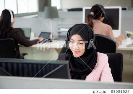 Customer service with friendly, woman call center and operator for support client, group of business team with assistance and consultant, adviser helpdesk and contact, communication concept. 83981627