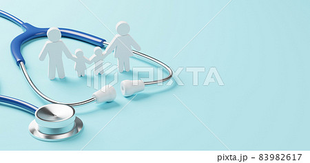 Top view of medical stethoscope and icon family on cyan background 83982617