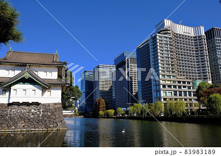 皇居の桜田巽櫓と丸の内、大手町の高層ビル群 83983189