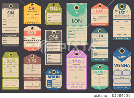 Travel luggage retro tags, airport country labels. Retro travel, flight register baggage vienna and singapore labels vector illustration set. Vintage luggage tags 83984550