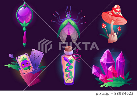 Witch magic items , cartoon wizard stuff icons set 83984622