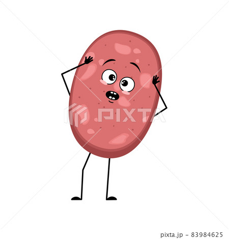 Cute sausage character with emotions in panic grabs his head, surprised face, shocked eyes, arms and legs. Fun meal or meat snack. Vector flat illustration 83984625