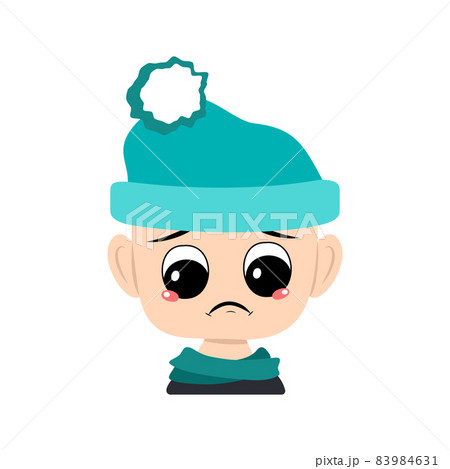 Avatar of child with sad emotions, depressed face, down eyes in blue hat with pompom. Head of toddler with melancholy expression 83984631
