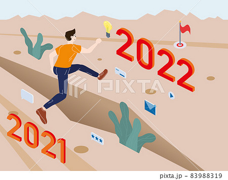 Young man run and jump from 2021 to 2022 years. Success business, energetic, challenge, goal concept. Vector illustration isometric flat Young man run and jump from 2021 to 2022 years. Success business, energetic, challenge, goal concept. Vector illustration isometric flat 83988319