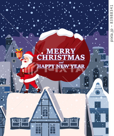 Santa Claus with big sack of gifts delivery gifts on the roof. Night winter city, european urban landscape, noel. Vector illustration poster, greeting card cartoon style Santa Claus with big sack of gifts delivery gifts on the roof. Night winter city, european urban landscape, noel. Vector illustration poster, greeting card cartoon style 83988341