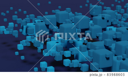 Blue matte cubes small and large on a dark purple background, abstract 3d render 83988603