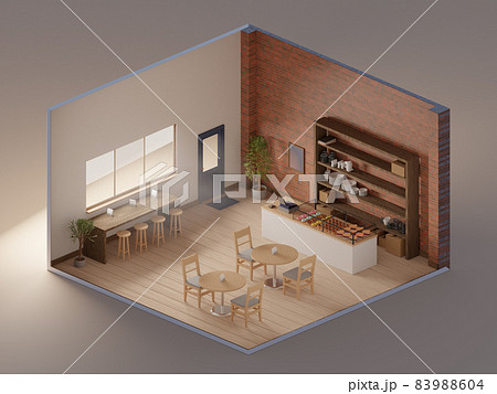 Isometric view minimal loft cafe store open inside interior architecture, 3d rendering. dark wooden Shelf, Waiting area wood table grey chair,red brick wall Isometric view minimal loft cafe store open inside interior architecture, 3d rendering. dark wooden Shelf, Waiting area wood table grey chair,red brick wall 83988604