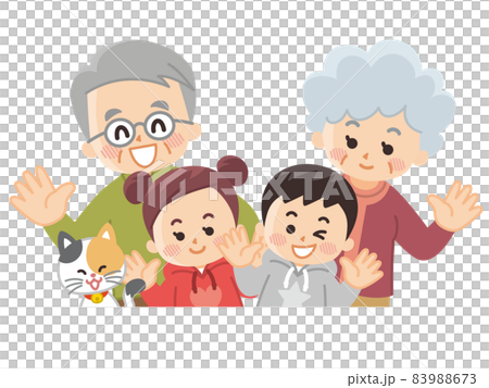 祖父母と孫とペットの猫　秋 83988673