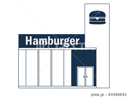 シンプルな1色白黒の線画のお店のイラスト モダンなハンバーガーショップの建物のイラスト アイコンのイラスト素材 9693