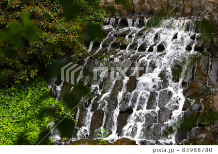 View of a small artificial waterfall in the park. 83988780