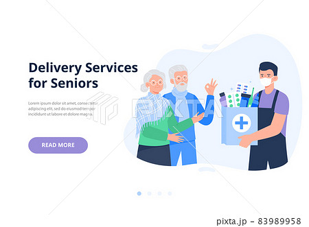 A courier in a mask gives an order with drugs to elderly couple. Online pharmacy, delivery drugs, prescription medicines order. Vector flat illustration for banners, landing page. 83989958