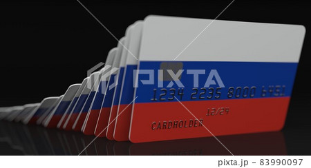 Domino effect, fallen credit cards with flags of Russia. Fictional data on card mockups. Banking collapse conceptual 3d rendering 83990097