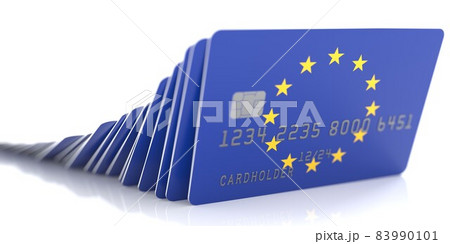 Domino effect with falling credit cards with flags of the EU. Conceptual 3d rendering 83990101