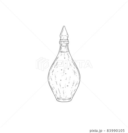 Antique glass bottle with fragrance vintage vector illustration. Medical essence or perfume linear hand drawn sketch. 83990105
