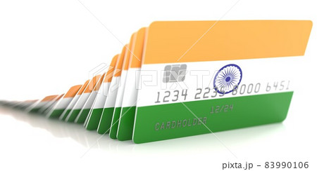 Line of fallen credit cards with flags of India on white background, 3d rendering 83990106
