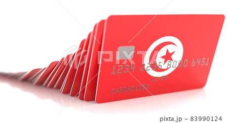 Domino effect with falling credit cards with flags of Tunisia. Conceptual 3d rendering 83990124