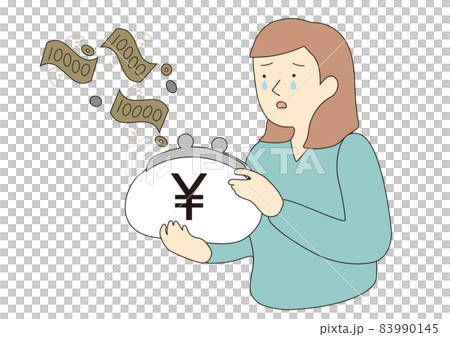 A line drawing of a woman who feels sad as money flies A line drawing of a woman who feels sad as money flies 83990145