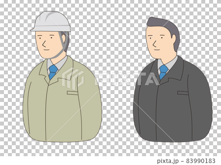 A line drawing of a man wearing a safety helmet and a man in uniform at the scene with a sharp expression A line drawing of a man wearing a safety helmet and a man in uniform at the scene with a sharp expression 83990183