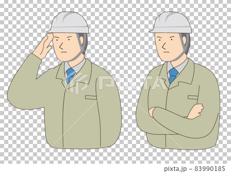 A man wearing a safety helmet on the scene with a crisp expression, salute and arm-folded pose line drawing A man wearing a safety helmet on the scene with a crisp expression, salute and arm-folded pose line drawing 83990185