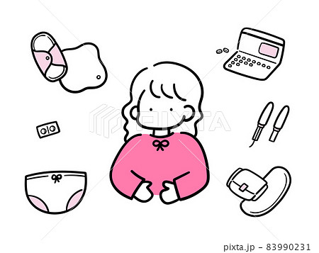 女性と生理用品のシンプルでおしゃれな線画イラストセット 女性と生理用品のシンプルでおしゃれな線画イラストセット 83990231